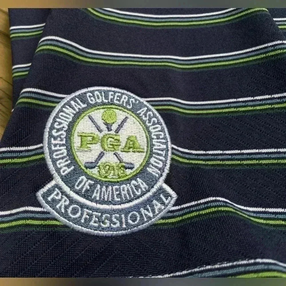 Men's Under Armor Golf Pro Navy & Green Stripe Polo Shirt Short Sleeve Sz XL PGA